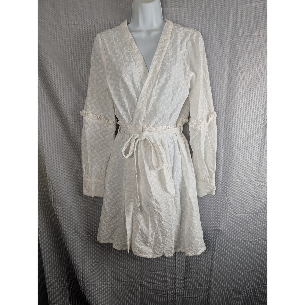 Antonio Melani Womens L Ivory Textured Duster Cardigan Kimono Jacket Tie Waist